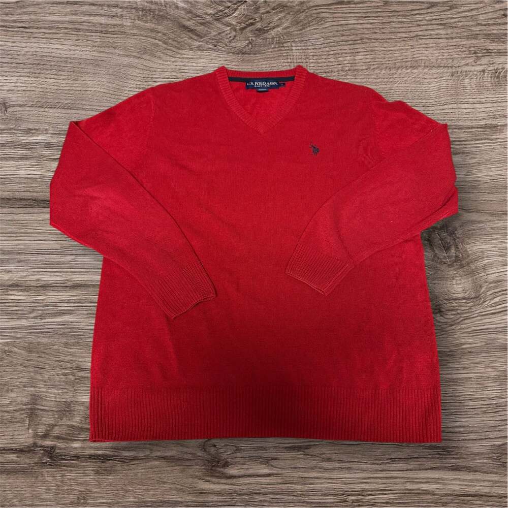 Polo Ralph Lauren Red V-Neck Lambswool Sweater with Blue Pony Logo